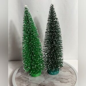 Set of 2 Bottle Brush Christmas Trees Snowy Green Holiday Tabletop Decor